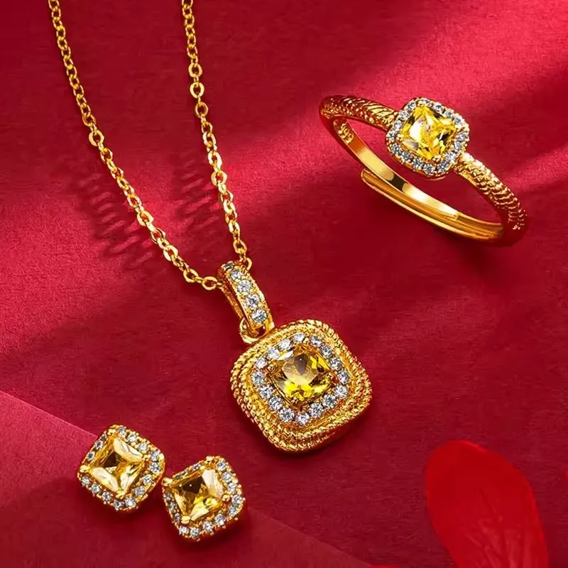 Women Square Zircon Necklace Ring Stud Earrings Jewelry B294799